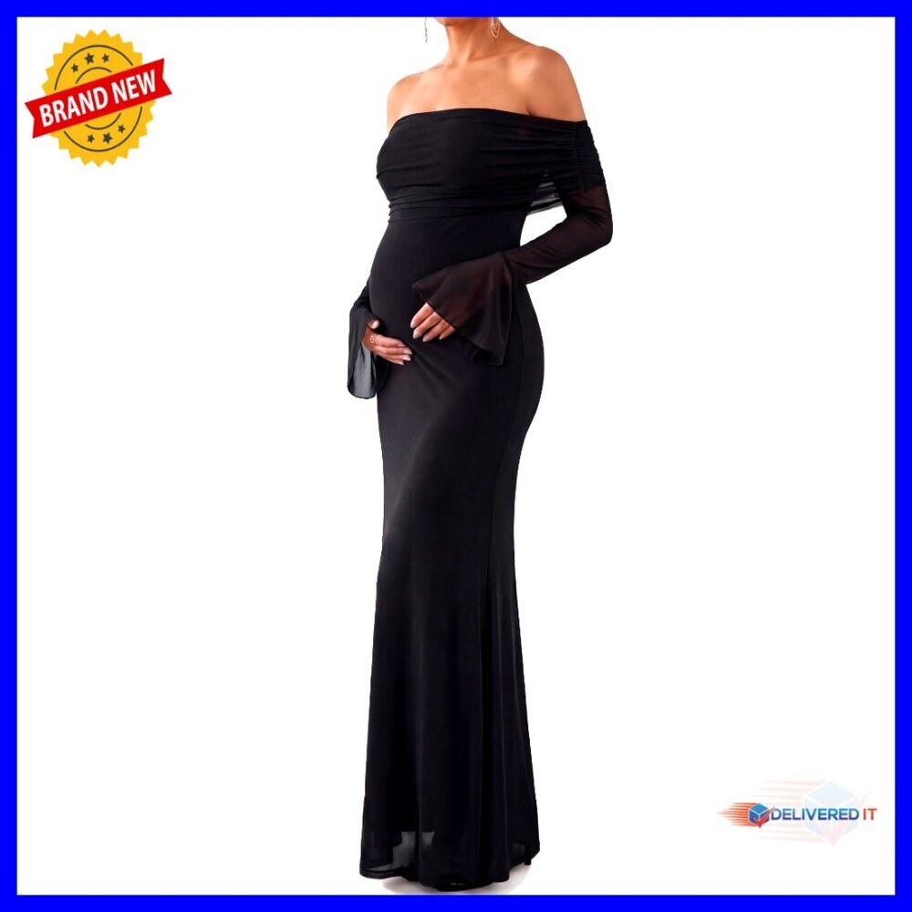 Maternity Off Shoulder Long Sleeve Bodycon Maxi Dress Formal Wedding Guest
